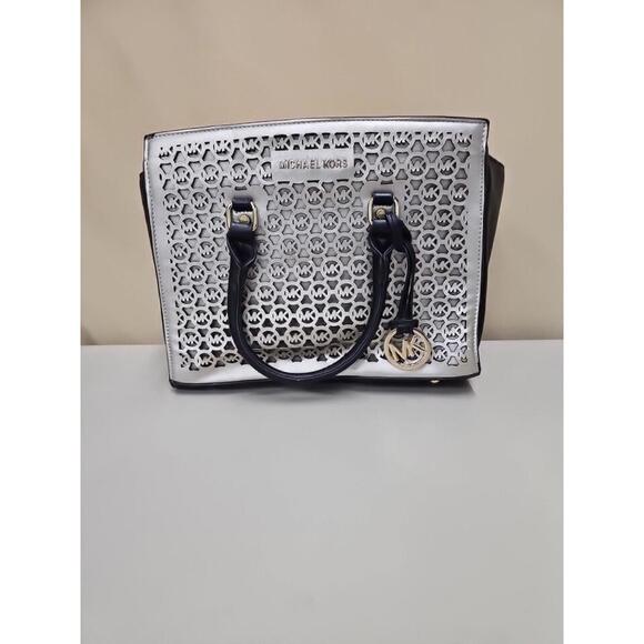 Michael Kors Handbags - MICHAEL KORS PERFORATED HAMILTON BAG BLACK WITH SILVER RARE Medium Wear New $325
